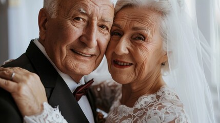 A portrait of an elderly couple in wedding attire, their faces aglow with joy and love, capturing the essence of affection. Golden wedding anniversary. Grannie and grandpa wedding, 50 years together