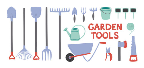 Set of various gardening tools. Flat vector illustrations collection