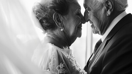 A monochrome closeup of an elderly couple in formal attire, their faces reflecting a profound and dignified love. Golden wedding anniversary celebration. Grannie and grandpa wedding. 50 years together
