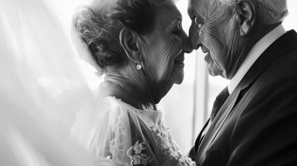 Foto op Aluminium A monochrome closeup of an elderly couple in formal attire, their faces reflecting a profound and dignified love. Golden wedding anniversary celebration. Grannie and grandpa wedding. 50 years together © Rodica