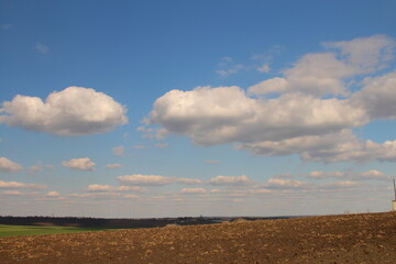 A field with a blue sky and clouds