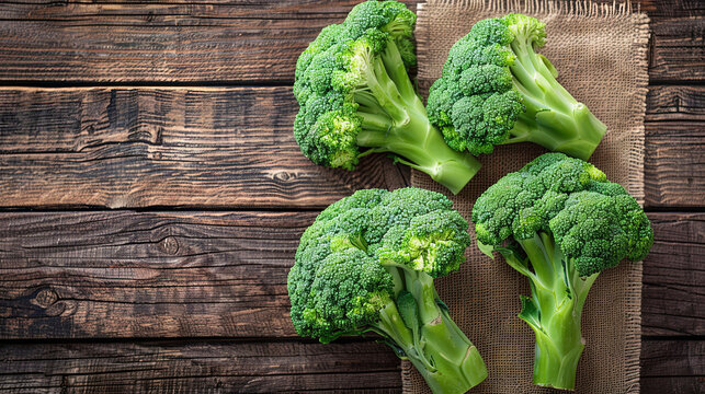 Fresh, vibrant broccoli showcased against a wooden backdrop, standing alone with no other elements in sight
