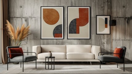 A modern living room with black frame mockups highlighting abstract geometric artwork.