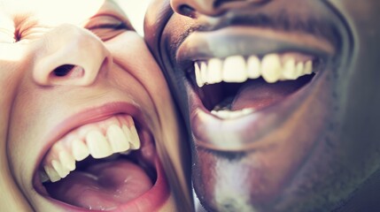 A close-up shot capturing the unbridled joy and openness of two people laughing together, a moment of genuine happiness and connection. - obrazy, fototapety, plakaty