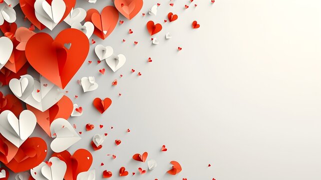 Valentine's day background with paper hearts on white, copy space concept for love and romance