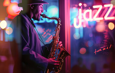 A jazz musician plays the saxophone in evening, against the backdrop of an illuminated neon 