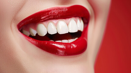 Obraz premium The radiant girl smiles and shows off her beautiful smile, highlighting her shiny white teeth and bright red lips