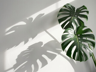 Ai Generated Art Green Swiss cheese plant Monstera  eaves isolated casting shadows on a white background