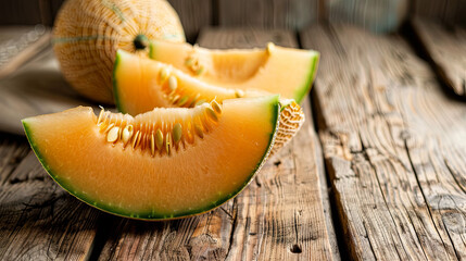 Melon slices, delectably presented against a rustic wooden backdrop