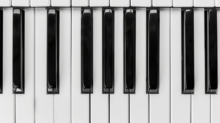 Monochrome close up of piano keyboard in black and white for detailed view and analysis
