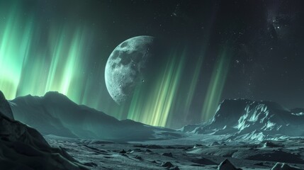 Naklejka na ściany i meble Aurora borealis like rainbow colors on the moon sky with a surreal weird dark touch Background created with Generative AI Technology