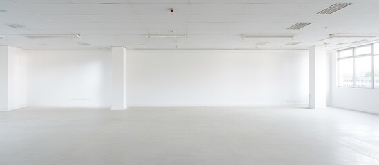 An interior, empty office light room with white walls and floors. The room is devoid of furniture, creating a minimalistic and spacious atmosphere.