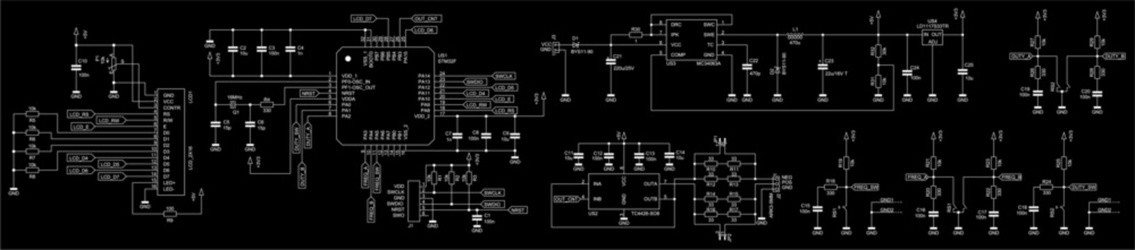 Schematic diagram of electronic device on sheet of paper.
Vector drawing electrical circuit with capacitor,
resistor, lcd display, integrated circuit, 
coil, diode, microcontroller, other components.