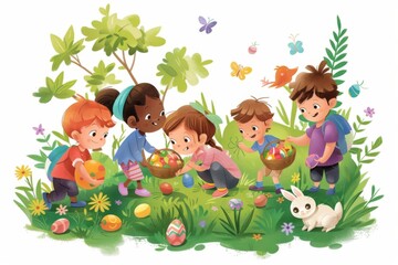 Obraz na płótnie Canvas A group of children hunting for Easter eggs in a lush garden. Illustration On a clear white background