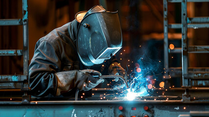 close up of a welder is welding in the workstation, welder at the workstation, welder doing hard work in the garage - obrazy, fototapety, plakaty