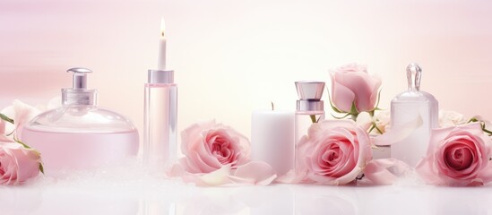 A group of pink roses arranged neatly next to bottles of perfume on a white bathroom counter, creating a harmonious and elegant display. The scene exudes a sense of beauty and luxury in a spa setting.