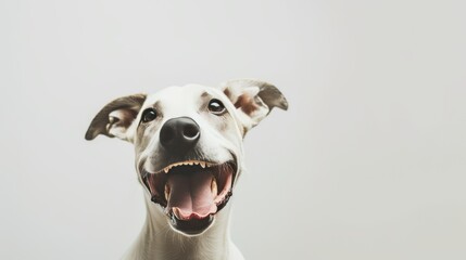 A joyful white dog with a wide open mouth and gleaming eyes, exuding happiness and a playful demeanor on a clean background.
