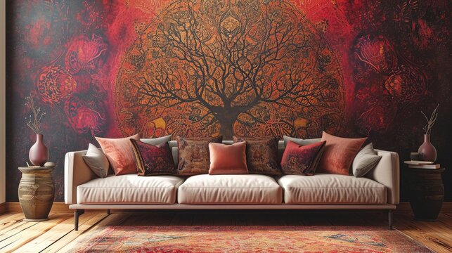 a mesmerizing image of a tree mandala pattern against a richly colored wall, complemented by an inviting sofa.