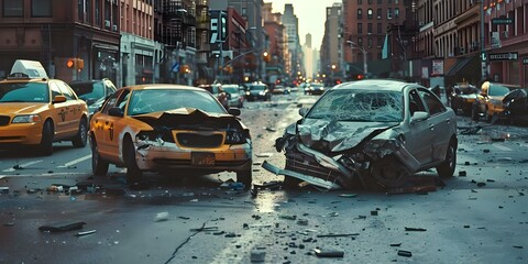 Fototapeta na wymiar The significance of road safety and insurance demonstrated by two damaged cars on a city street. Concept Road Safety, Insurance Awareness, Car Accidents, City Street, Vehicle Damages