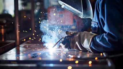 close up of a welder is welding in the workstation, welder at the workstation, welder doing hard work in the garage