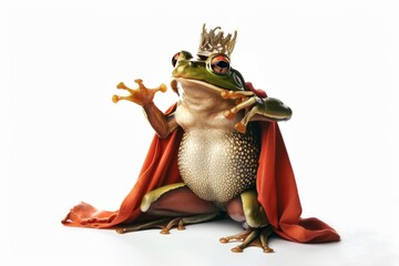 A jolly frog wearing a crown and a cape, striking a heroic pose. Illustration On a clear white background  - obrazy, fototapety, plakaty