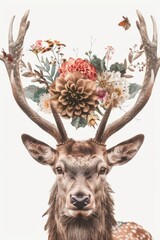 A jolly deer with antlers covered in flowers 