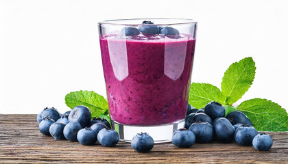 Tasty blueberry smoothie in glass isolated on white background. Delicious and healthy beverage.