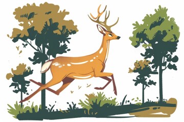 A joyful deer leaping gracefully through the trees Illustration On a clear white background 