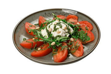 tomatoes with stracciatella and herbs on a plate, cut out