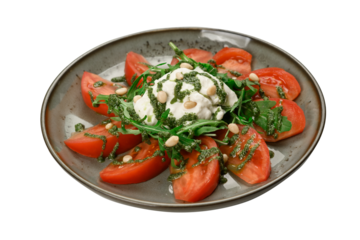 tomatoes with stracciatella and herbs on a plate, cut out