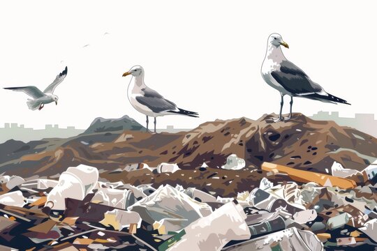 A landfill site with seagulls scavenging for food among the garbage Illustration On a clear white background 