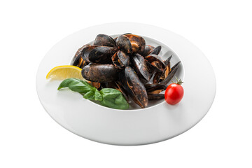 fried mussels in a plate with lime and tomato, carved out