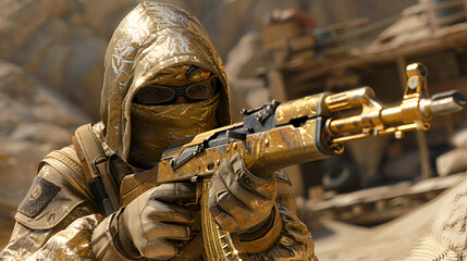 counter strike 2 player with gold ak47, AK47 and bullets, as well as pistol and bullets depicted in a beautiful gold Hybrid Design. Generated AI