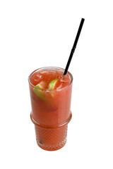 red cocktail with lime, berries with a straw in a glass glass, cut out