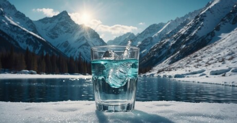 Delight in the crispness of pure water against the majestic backdrop of snow-capped mountains. A rejuvenating drink - obrazy, fototapety, plakaty