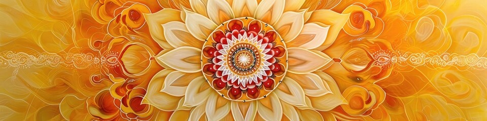 a hypnotic mandala on a goldenrod backdrop, emphasizing the radiant hues and precise contours in high-definition detail. - obrazy, fototapety, plakaty