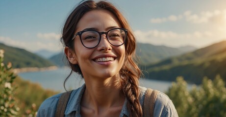 Detailed 4K portrait of a woman with glasses, exuding joy and tranquility while appreciating the outdoor scenery