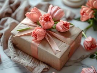 A box with pink flowers on it is sitting on a table