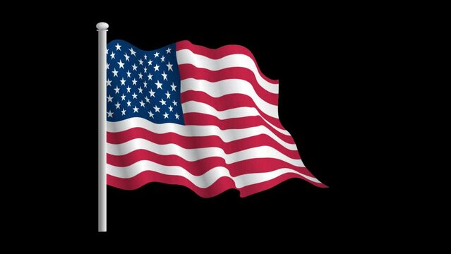 USA flag flying on a flag pole with a transparent background and an alpha channel.