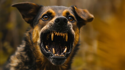 Very aggressive rabid dog with big teeth and dangerous furious look. Attack of scary wild dog on...