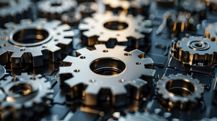 A selective focus shot of multiple silver gears, showcasing the intricacy and precision of industrial components