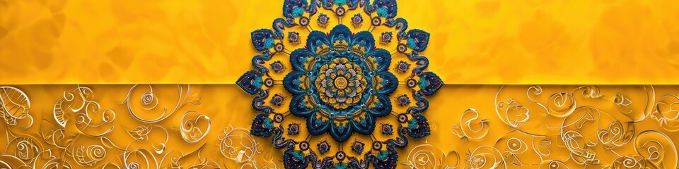 a hypnotic mandala against a mustard yellow background, highlighting the delicate patterns and vibrant colors in breathtaking high-definition.