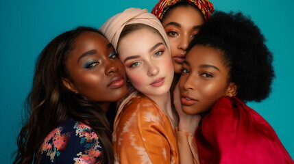 women of different ethnicities closely posing, adorned with vibrant headscarves - obrazy, fototapety, plakaty