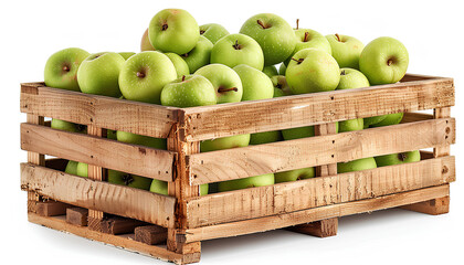 Wooden crate box full of fresh green apples isolated on white background