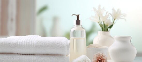 Fototapeta na wymiar Spa Background : Toiletries, soap, towels, creams and lotions on blurred white bathroom