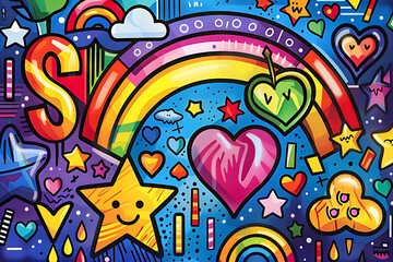 A playful and vivid graffiti-style artwork celebrating love in its many forms, with dynamic rainbows