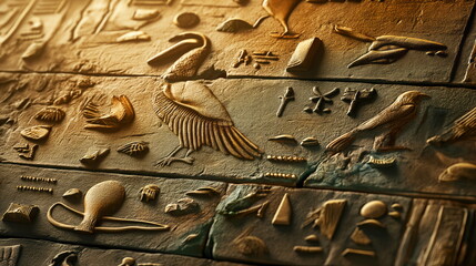 Close-up of carved hieroglyphs on a stone surface illuminated by the warm glow of evening sunlight - obrazy, fototapety, plakaty