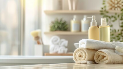 Fototapeta na wymiar Spa Background : Toiletries, soap, towels, creams and lotions on blurred white bathroom