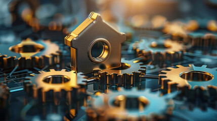 A 3D rendered golden house symbol nestled among metallic gears signifying property investment,...