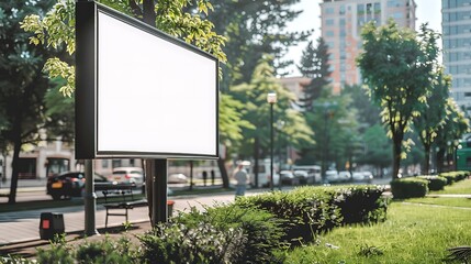 A blank billboard stands in a park. There are trees, bushes, and a park bench in the background.
